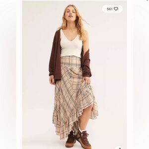 Free People Asymmetrical Plaid Skirt in Cream and Brown